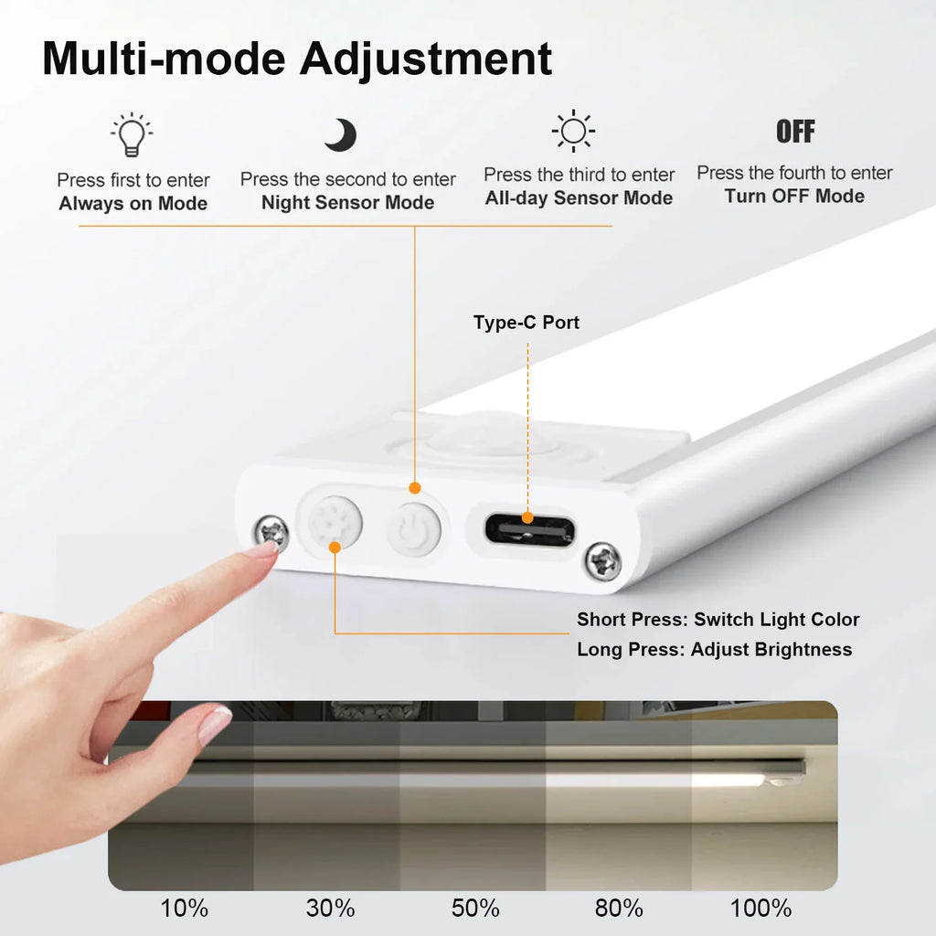 Ultra-Thin LED Cabinet Light Rechargeable Motion Sensor Lights 3 Colors Dimmable Night Lamp for Wardrobe Closet Kitchen Lighting