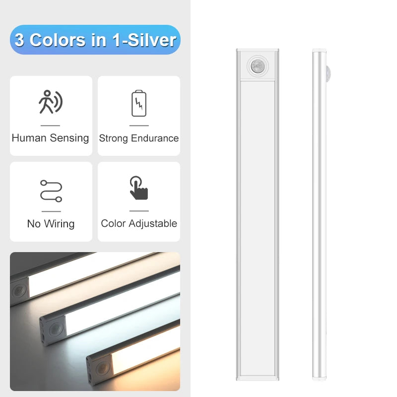 Ultra-Thin LED Cabinet Light Rechargeable Motion Sensor Lights 3 Colors Dimmable Night Lamp for Wardrobe Closet Kitchen Lighting
