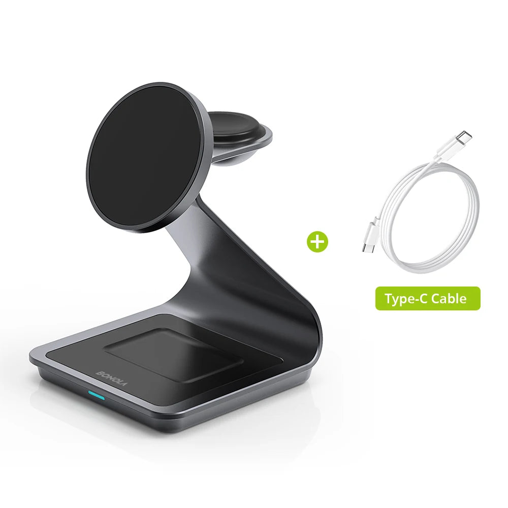 Bonola Magnetic 3-in-1 Wireless Charging Station — 30W Fast Charge for iPhone 17/16/15/14/13/12, Apple Watch & AirPods Pro