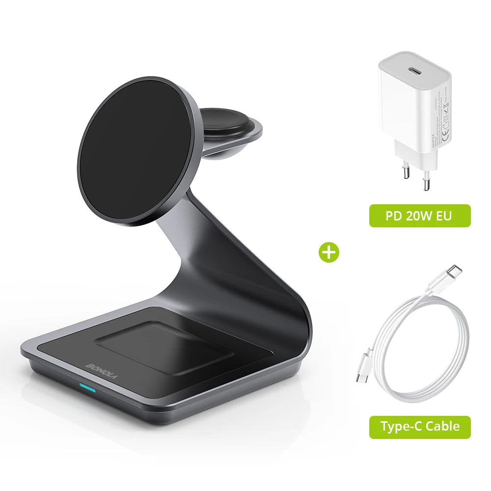 Bonola Magnetic 3-in-1 Wireless Charging Station — 30W Fast Charge for iPhone 17/16/15/14/13/12, Apple Watch & AirPods Pro