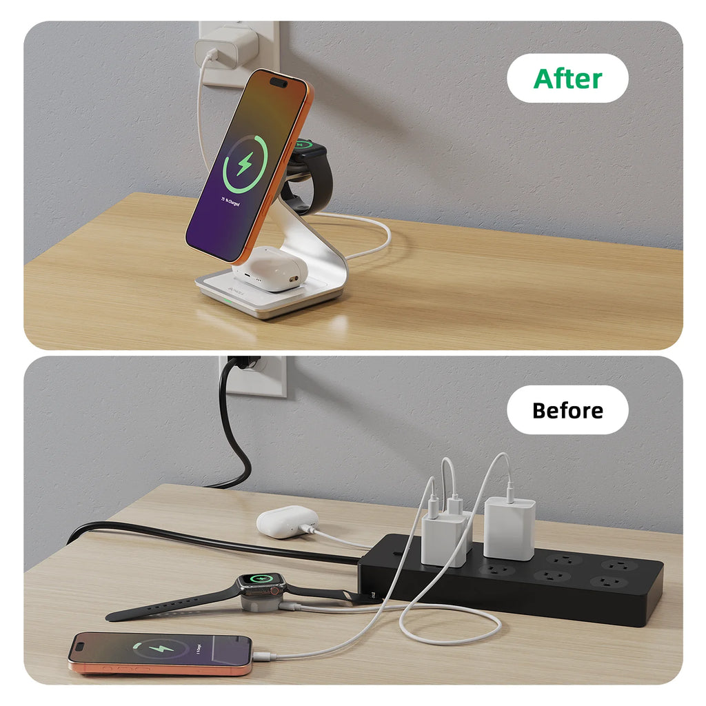 Bonola Magnetic 3-in-1 Wireless Charging Station — 30W Fast Charge for iPhone 17/16/15/14/13/12, Apple Watch & AirPods Pro