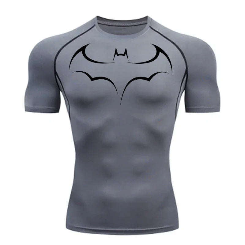2026 Bat print men's tight fitting sports compression T-shirt men's fitness jogging short sleeved casual top