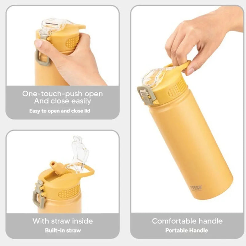 TYESO 600/750ML Thermos Bottle with Straw – Stainless Steel Car Thermal Cup | Sports Water Bottle | Keeps Cold & Hot