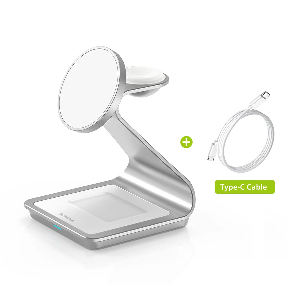 Bonola Magnetic 3-in-1 Wireless Charging Station — 30W Fast Charge for iPhone 17/16/15/14/13/12, Apple Watch & AirPods Pro