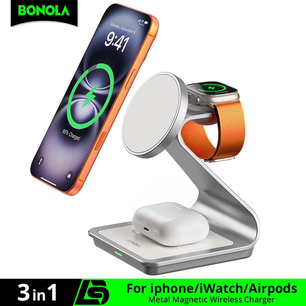 Bonola Magnetic 3-in-1 Wireless Charging Station — 30W Fast Charge for iPhone 17/16/15/14/13/12, Apple Watch & AirPods Pro