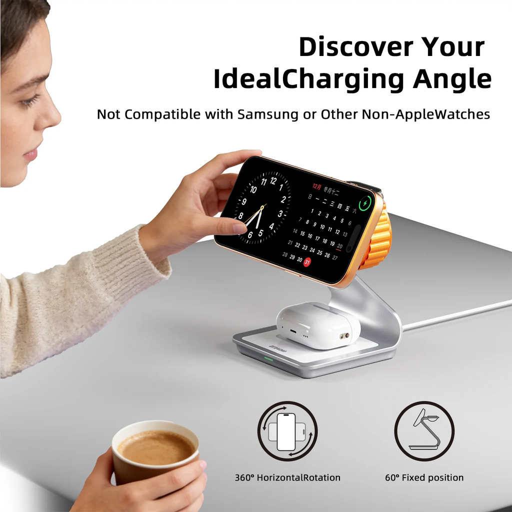 Bonola Magnetic 3-in-1 Wireless Charging Station — 30W Fast Charge for iPhone 17/16/15/14/13/12, Apple Watch & AirPods Pro