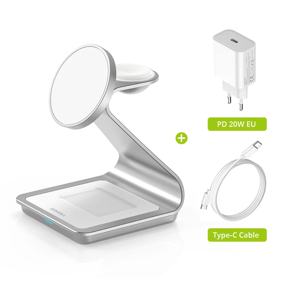Bonola Magnetic 3-in-1 Wireless Charging Station — 30W Fast Charge for iPhone 17/16/15/14/13/12, Apple Watch & AirPods Pro