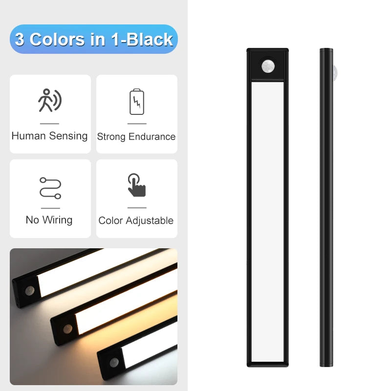 Ultra-Thin LED Cabinet Light Rechargeable Motion Sensor Lights 3 Colors Dimmable Night Lamp for Wardrobe Closet Kitchen Lighting