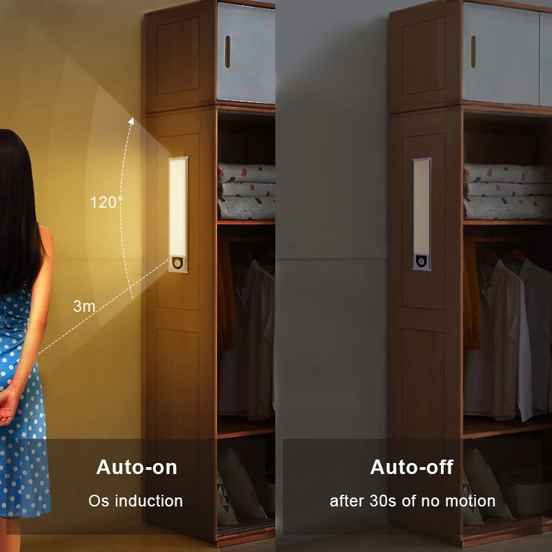 Ultra-Thin LED Cabinet Light Rechargeable Motion Sensor Lights 3 Colors Dimmable Night Lamp for Wardrobe Closet Kitchen Lighting